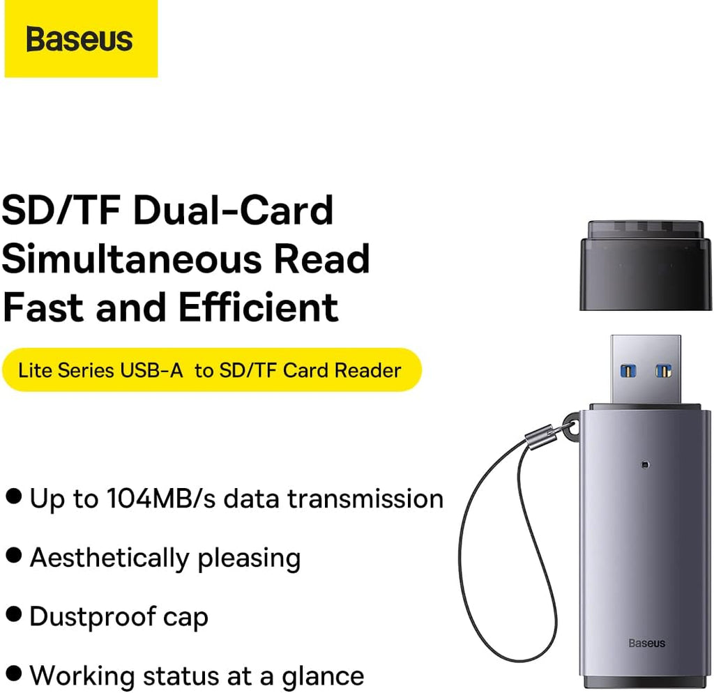 Baseus Lite Series SD Card Reader, USB 3.0 Adapter for SD/Micro SD, Dual Slot Simultaneous Read, 104MB/s High-Speed, 2TB Capacity, for Mac, PC, Laptop, Windows, Linux (Grey) — USB-A — Grey