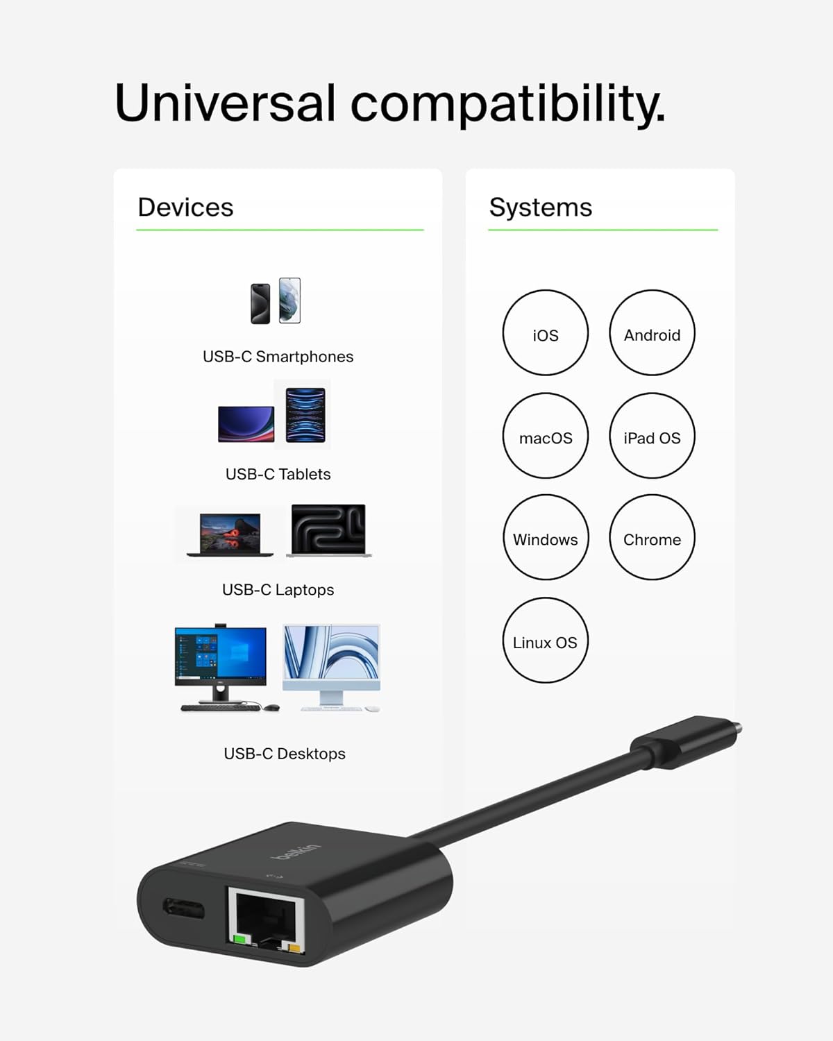 Belkin Connect USB-C to Ethernet + Charge Adapter 100W w/ Gigabit Ethernet Port and USB-C Port - [10/100/1000] Mbps for Fast Internet Connection - Compatible with iPhone 16, 15, Galaxy S24 & More