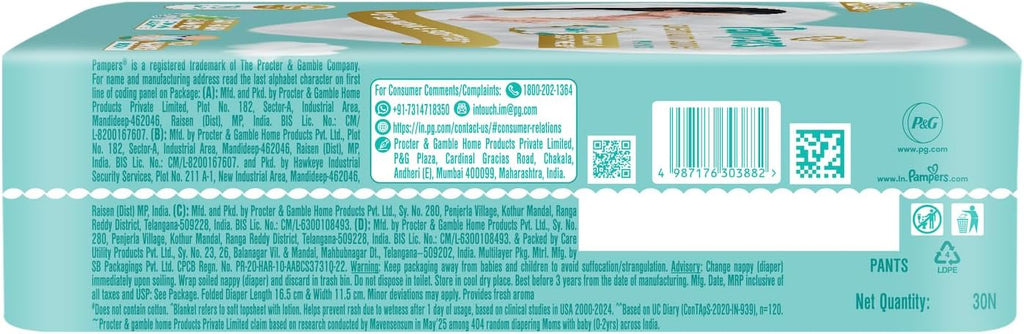 Pampers Premium Care Pant Style Baby Diapers XS 30 Count | No Marks Design | Voted India’s #1 Softest Diaper | All in 1 diaper with 360 Cottony Softness