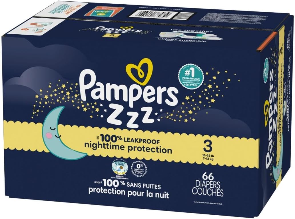 Pampers Diapers Size 3, 66 Count - Swaddlers Overnights Disposable Baby Diapers, Super Pack (Packaging May Vary)