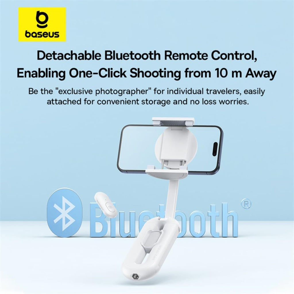 Baseus TechShot Dual-Support Selfie Stick & Foldable Phone Stand , 3-Stage Extendable Aluminum Monopod with Detachable Bluetooth Remote (10m) , Low-Angle Mode — White