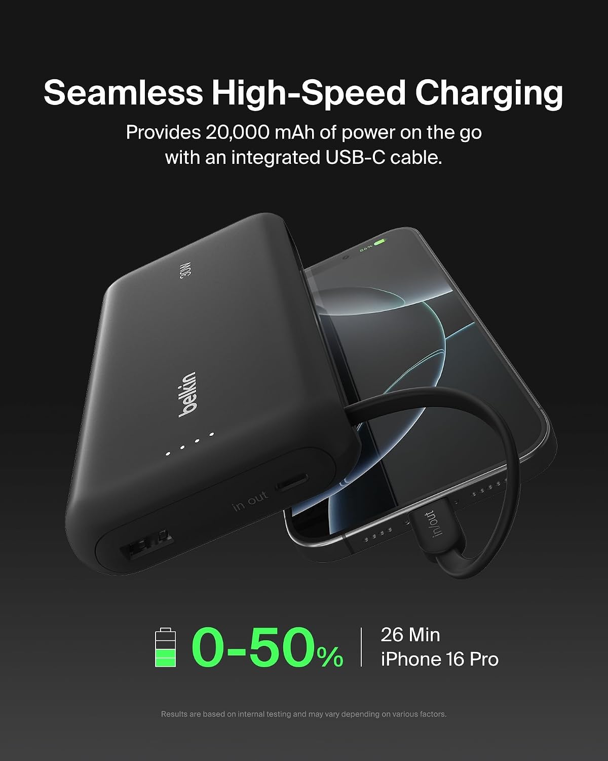 Belkin BoostCharge 20000mAh Power Bank with Integrated USB-C Cable - Black