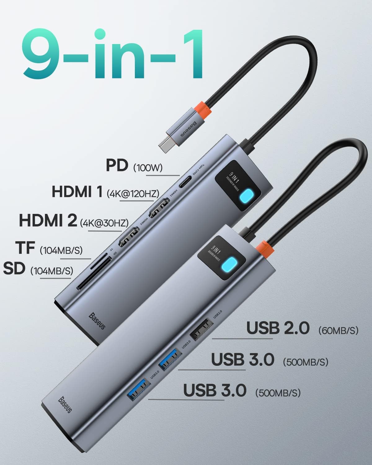 Baseus USB C HUB Dual 4K HDMI Display, 9 in 1 Docking Station 2 HDMI Dual Monitor, Gigabit Ethernet, 100W PD, SD/TF Card Reader, 3 USB, USB C Multiport Adapter — Silver
