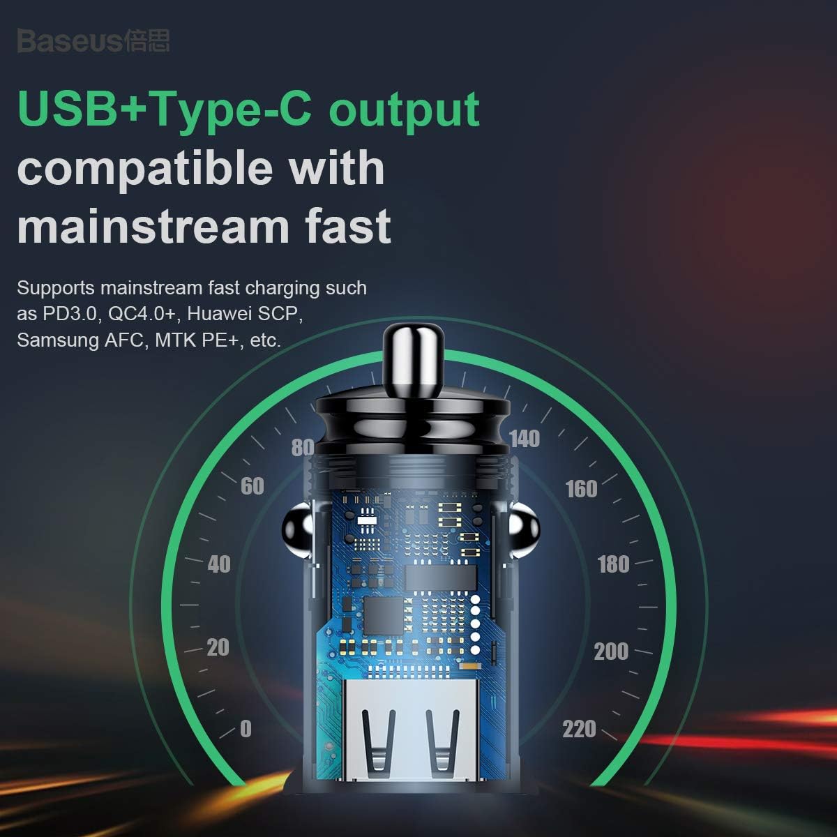 Baseus Smart Fast Car Charger 30W Dual Port USB & USB-C Adapter, Supports QC4.0 PD3.0 SCP AFC VOOC, Compact 12V-24V Car Charger with LED Light & Multi-Layer Safety Protection — Black