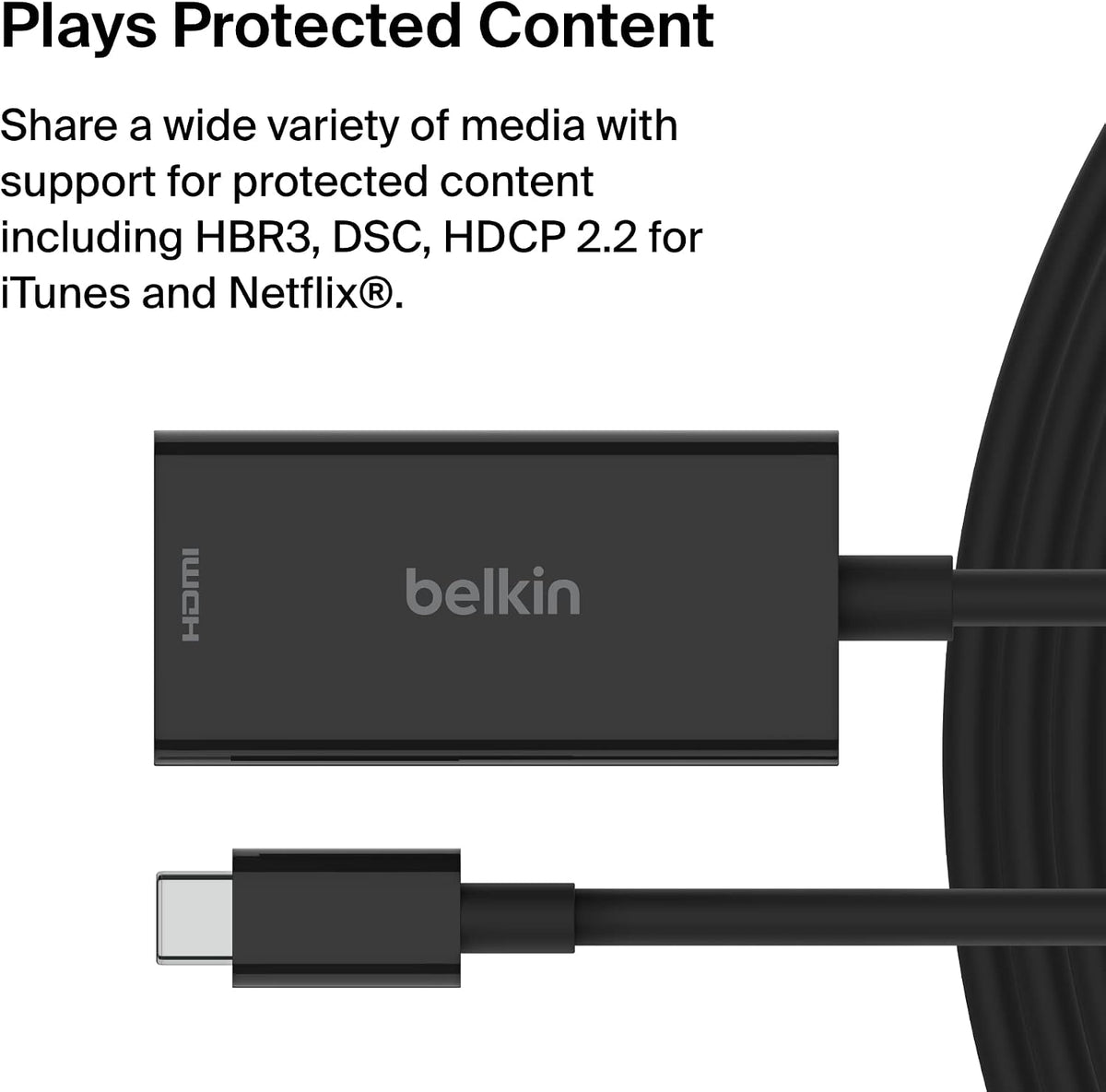 Belkin USB Type C to HDMI 2.1 Adapter, Tethered 4.33in Cable with 8K@60Hz, 4K@144Hz, HDR, HBR3, DSC, HDCP 2.2, USB-IF Certified for Chromebook, Macbook, iPad Pro and other USB C Devices