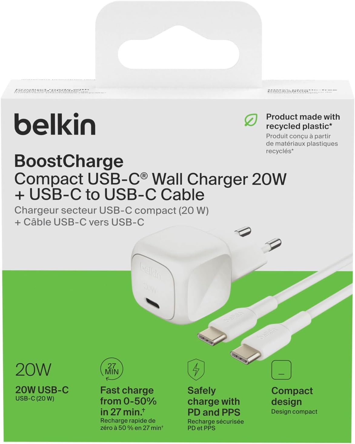 Belkin BoostCharge Compact Charger (20W) USB-C Power Delivery Fast Charger Power Supply for Apple iPhone 16, Samsung Galaxy S25, iPad, AirPods etc. Includes USB-C Cable - White