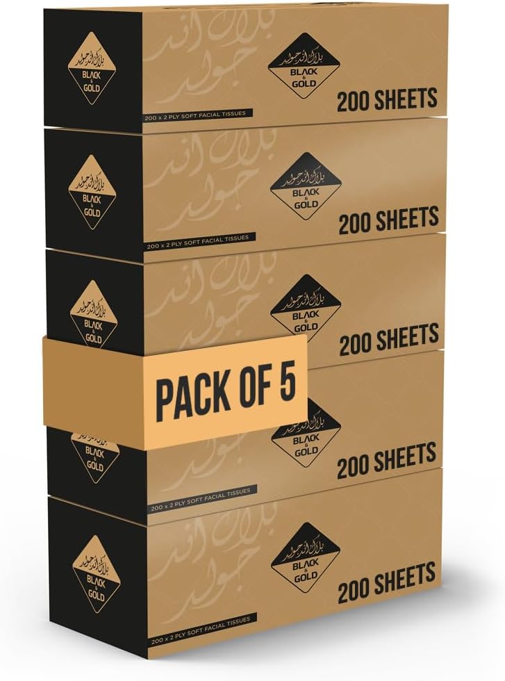 Nice Touch Facial Tissue Black & Gold Box - 5 Packs of 200 Sheets - Contains 1000 Premium 2 Ply Tissues — front product image