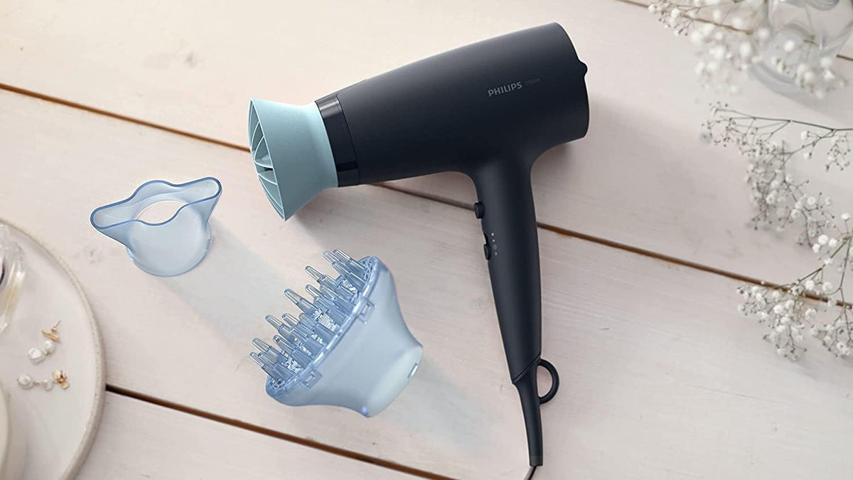 Philips Hair Dryer BHD360/23 — 2100W — DC Motor — 6 Heat/Speed Settings with Cool Setting — 3 Attachments (ThermoProtect & Narrow Nozzle & Volume Diffuser) — Ionic Care — 1.8m Cord — Black