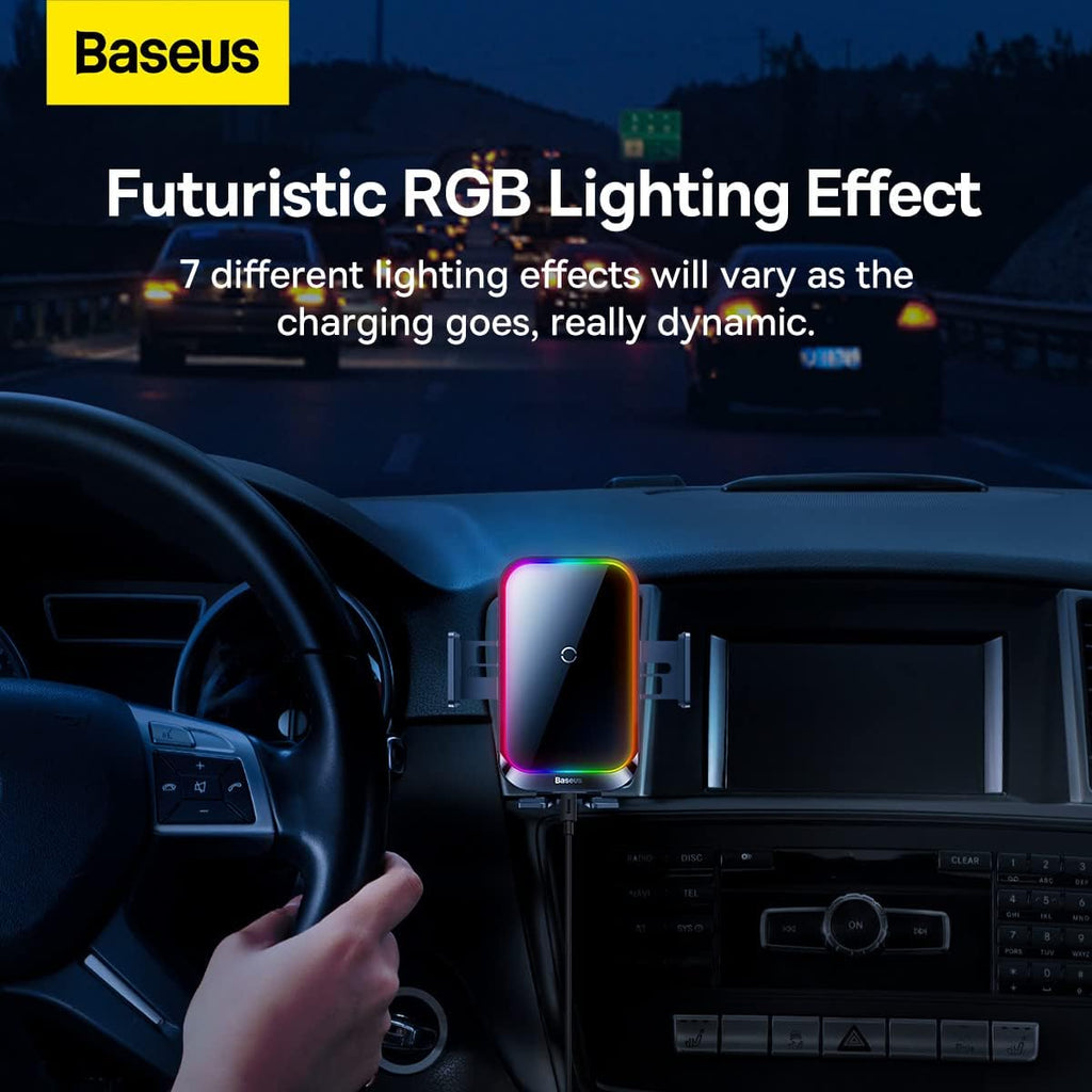 Baseus 15W Car Wireless Charger for Air Vent, Auto Clamping Car Phone Holder, Automatic Induction & Dynamic Lighting Car Phone Mount — Black