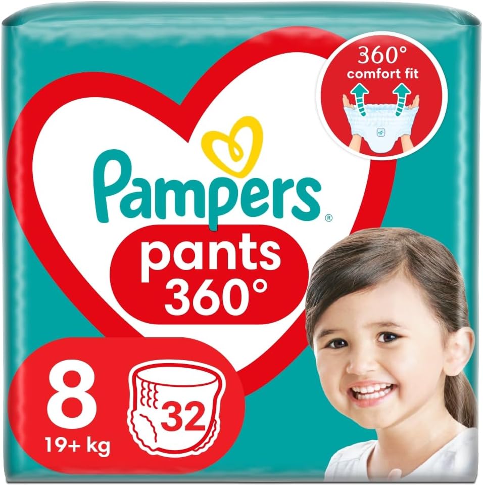 Pampers Pants Nappy Size 8 (19+ kg), Pack of 32, Nappies with Stop & Protect Anti-Leak Rear
