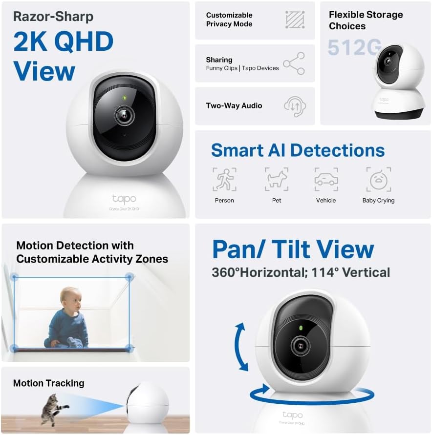 TP-Link Tapo Pan/Tilt 2K 4MP, 360°Rotational View Wi-Fi Surveillance Camera|Smart AI, Pet, Human & Vehicle Detection|2-Way Audio| Compatible with Alexa and Google Assistant (Tapo C220)