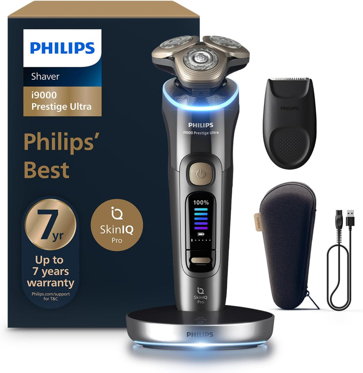 Philips i9000 Prestige Ultra Shaver XP9402/11 — Wet & Dry — Ultimate close, comfortable shave — 5 modes — Precision trimmer — LED charging stand — 60 min cordless — Travel pouch — Grey