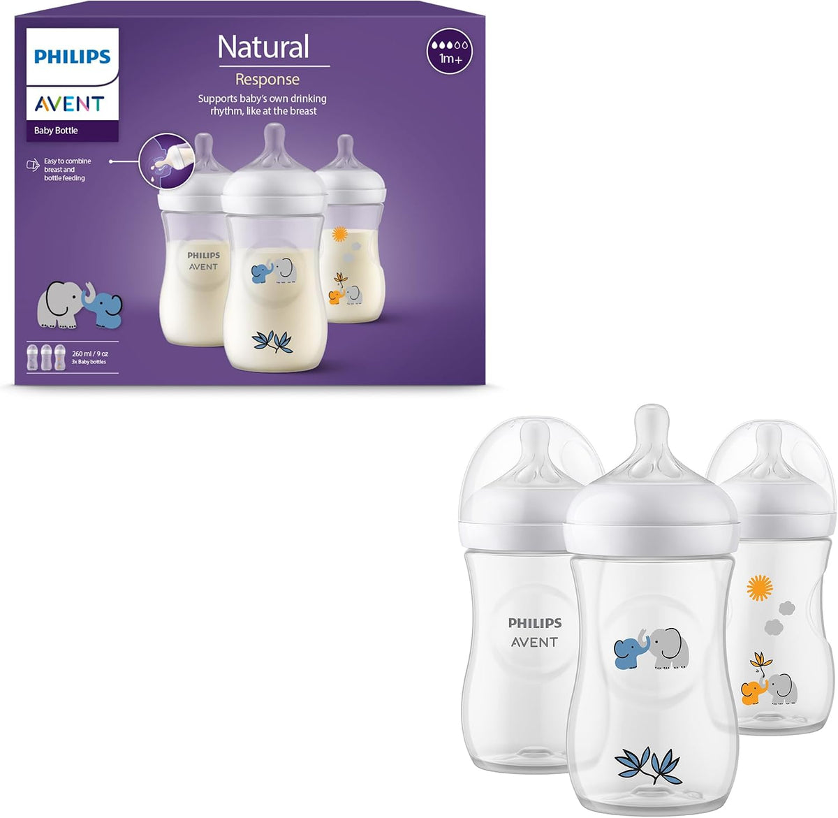 Philips Avent Natural Response Gift Set for Babies: 3 Natural Response Baby Bottles (260 ml) with T3 Teats (from 1 Month), SCY903/63 — transparent