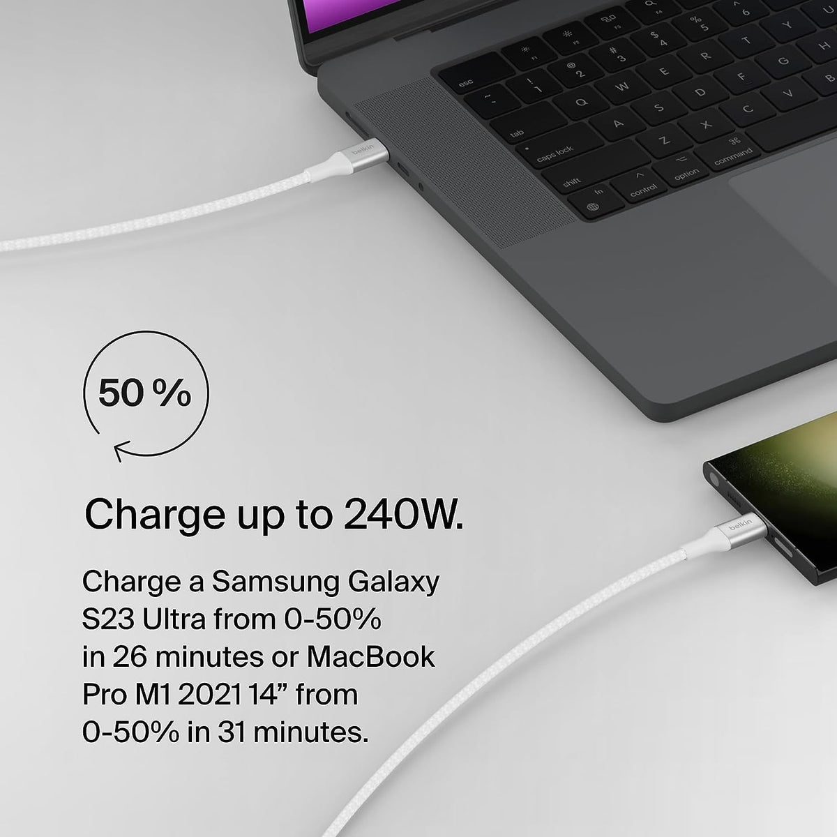 Belkin BoostCharge USB-C to USB-C Power charger cable, USB-IF certified fast charging cable with 240W Power Delivery for iPhone 16, 15, MacBook, Chromebook, Galaxy, iPad, Pixel & More - 2m, white