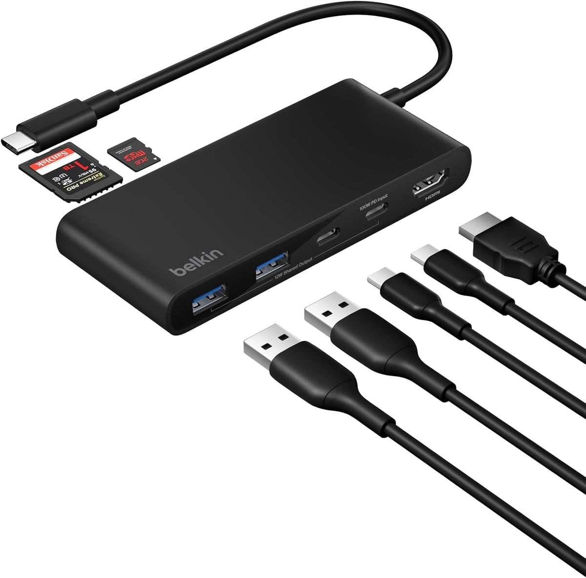 Belkin USB C Hub, 7-Port Hub w/ 4K HDMI Display @ 60Hz, SD & MicroSD, 100W Power Delivery, Fast Data Transfer 5Gbps, USB C Multiport Adapter for MacBook, iPad Pro, Chromebook - HDMI 2.0 - Black