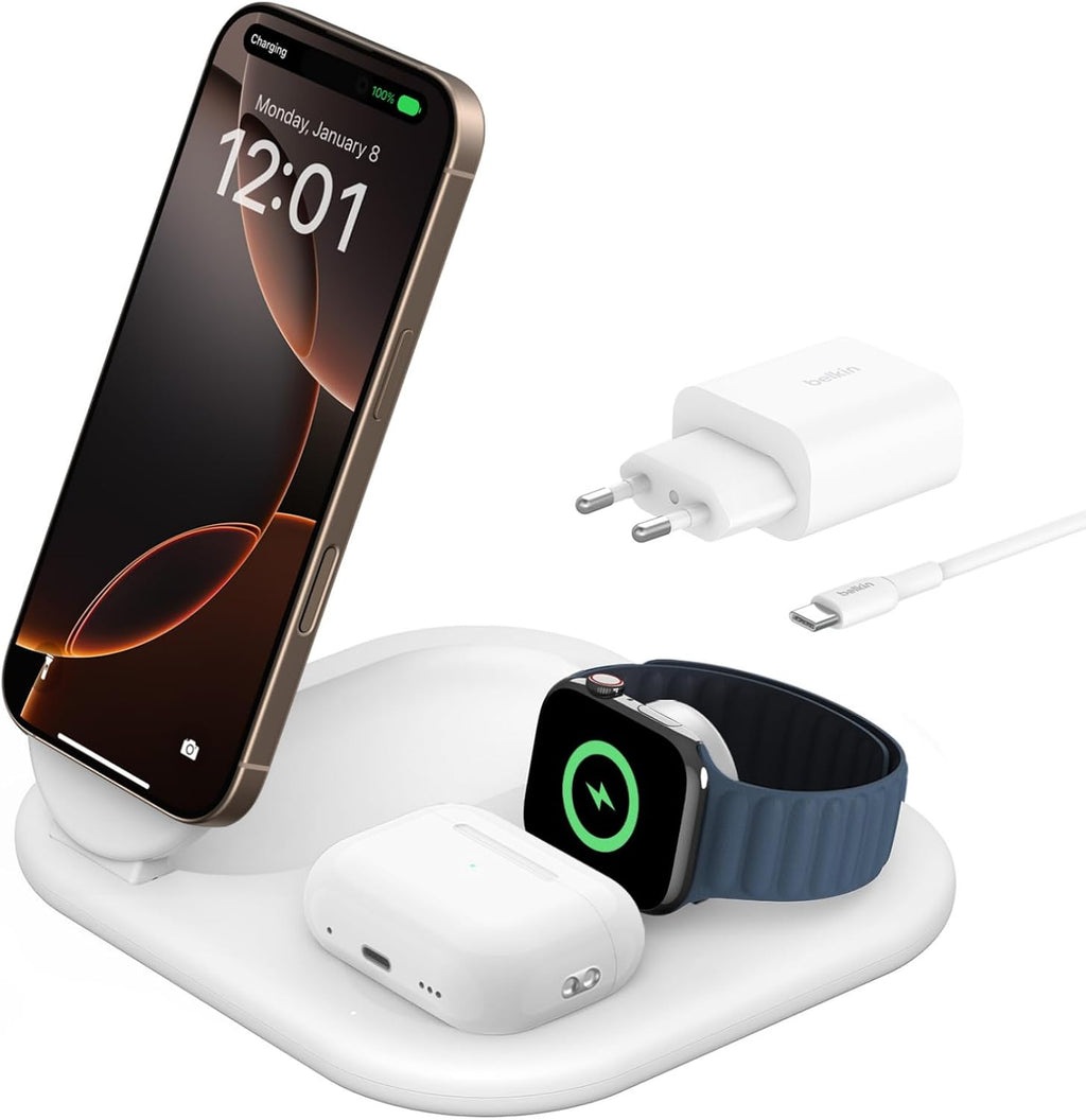 Belkin MagSafe Charger, Fast Charge 3-in-1 Qi2 Magnetic Foldable Charger 15W Fast Charger for Apple iPhone 15, Apple Watch, AirPods with Non-Slip Base, Power Supply Module - White