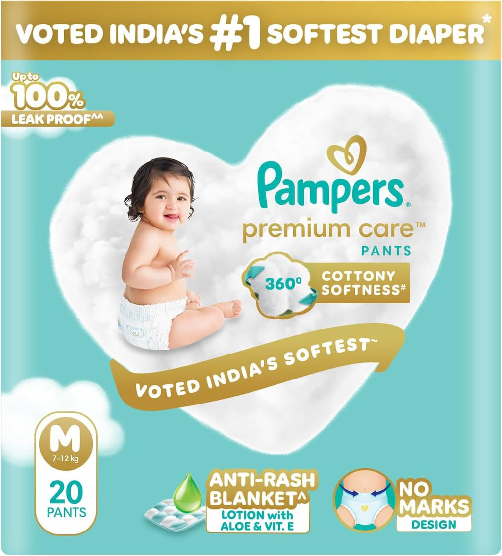 Pampers Premium Care Pant Style Baby Diapers M 20 Count | No Marks Design | Voted India’s #1 Softest Diaper | All in 1 diaper with 360 Cottony Softness