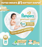 Pampers Premium Care Pant Style Baby Diapers M 20 Count | No Marks Design | Voted India’s #1 Softest Diaper | All in 1 diaper with 360 Cottony Softness