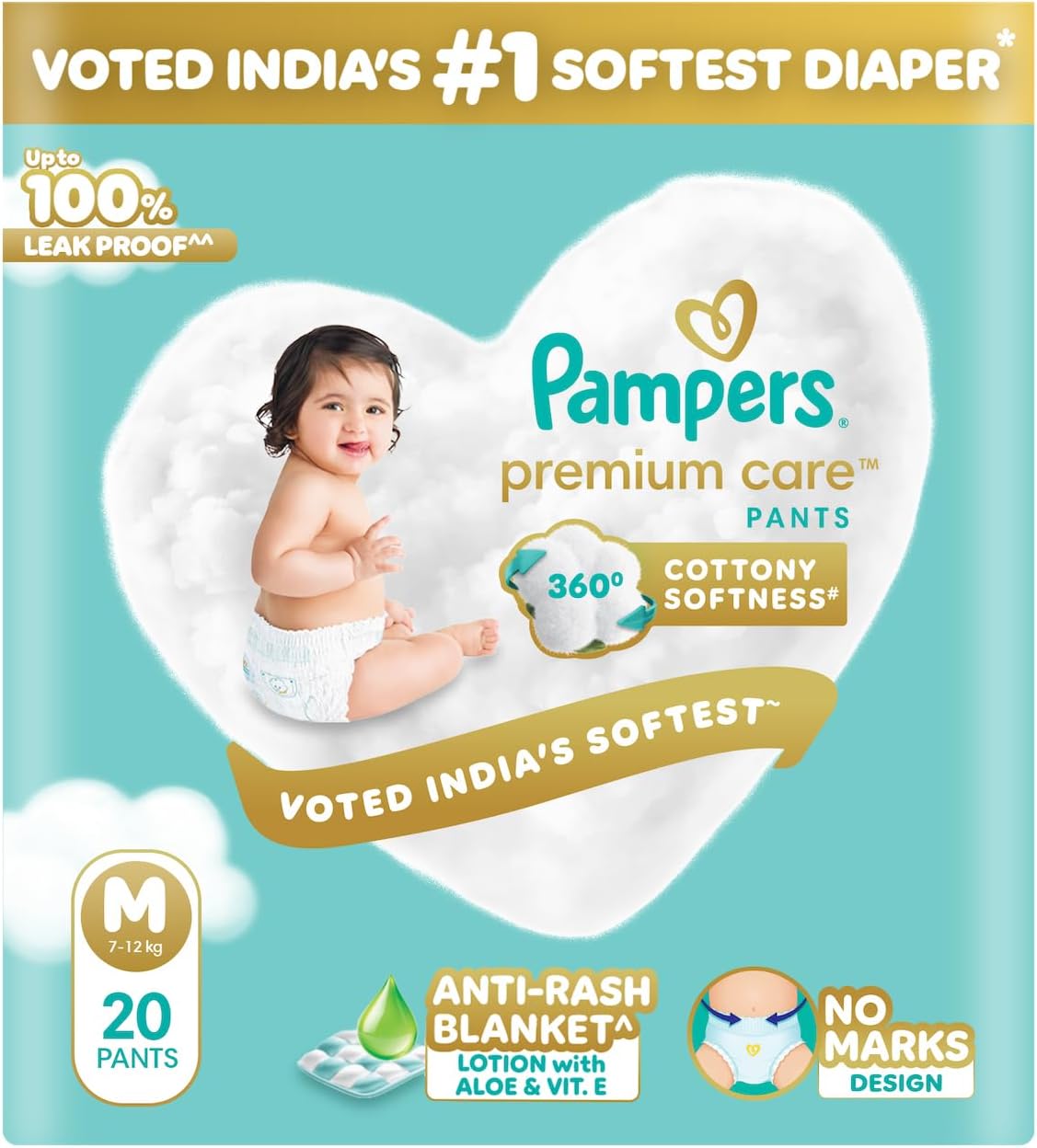 Pampers Premium Care Pant Style Baby Diapers M 20 Count | No Marks Design | Voted India’s #1 Softest Diaper | All in 1 diaper with 360 Cottony Softness