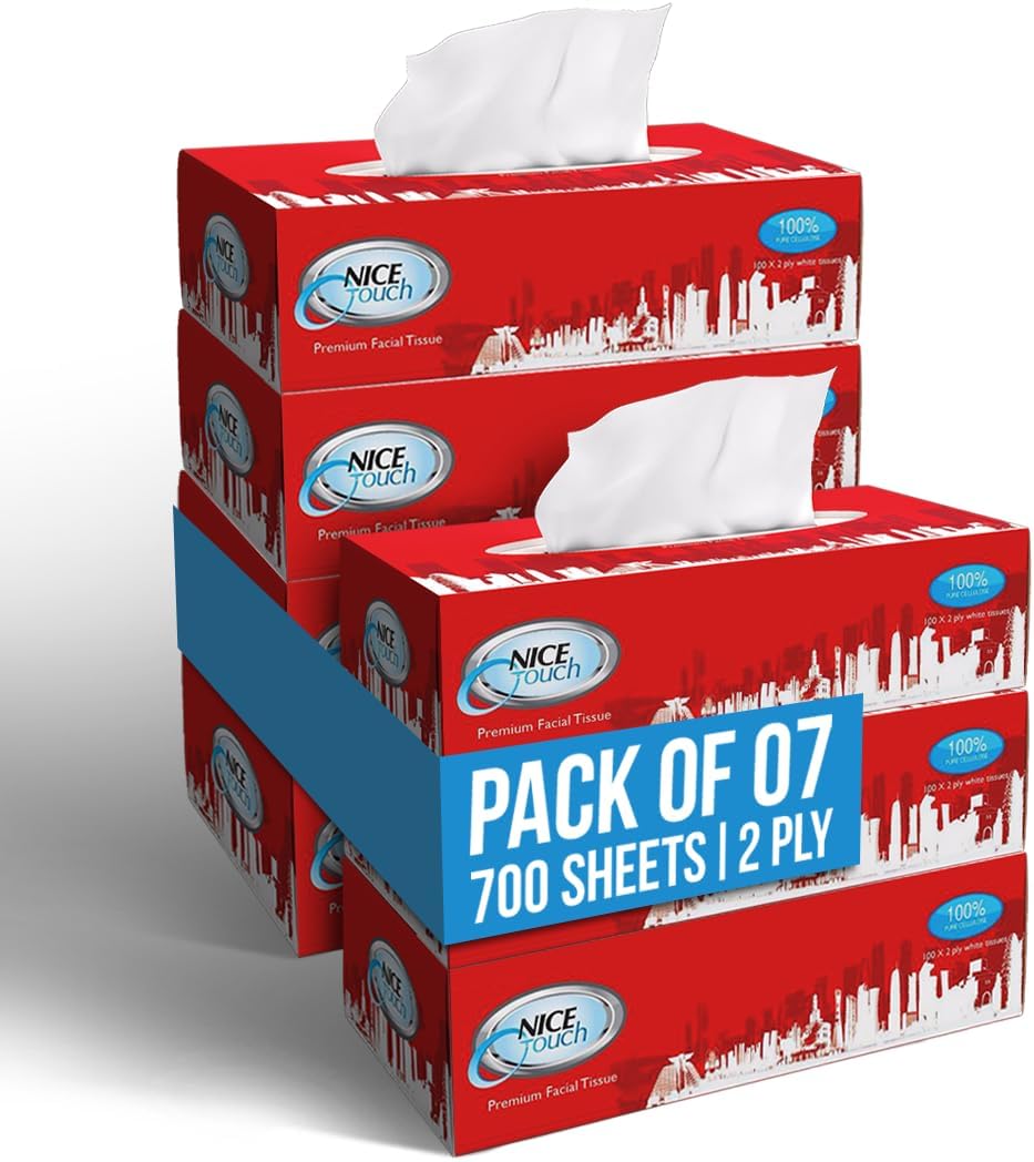 Nice Touch Facial Tissue, 2 Ply x 7 Slim and Compact Car Tissue Boxes Pack of 100 Sheets each — front product image