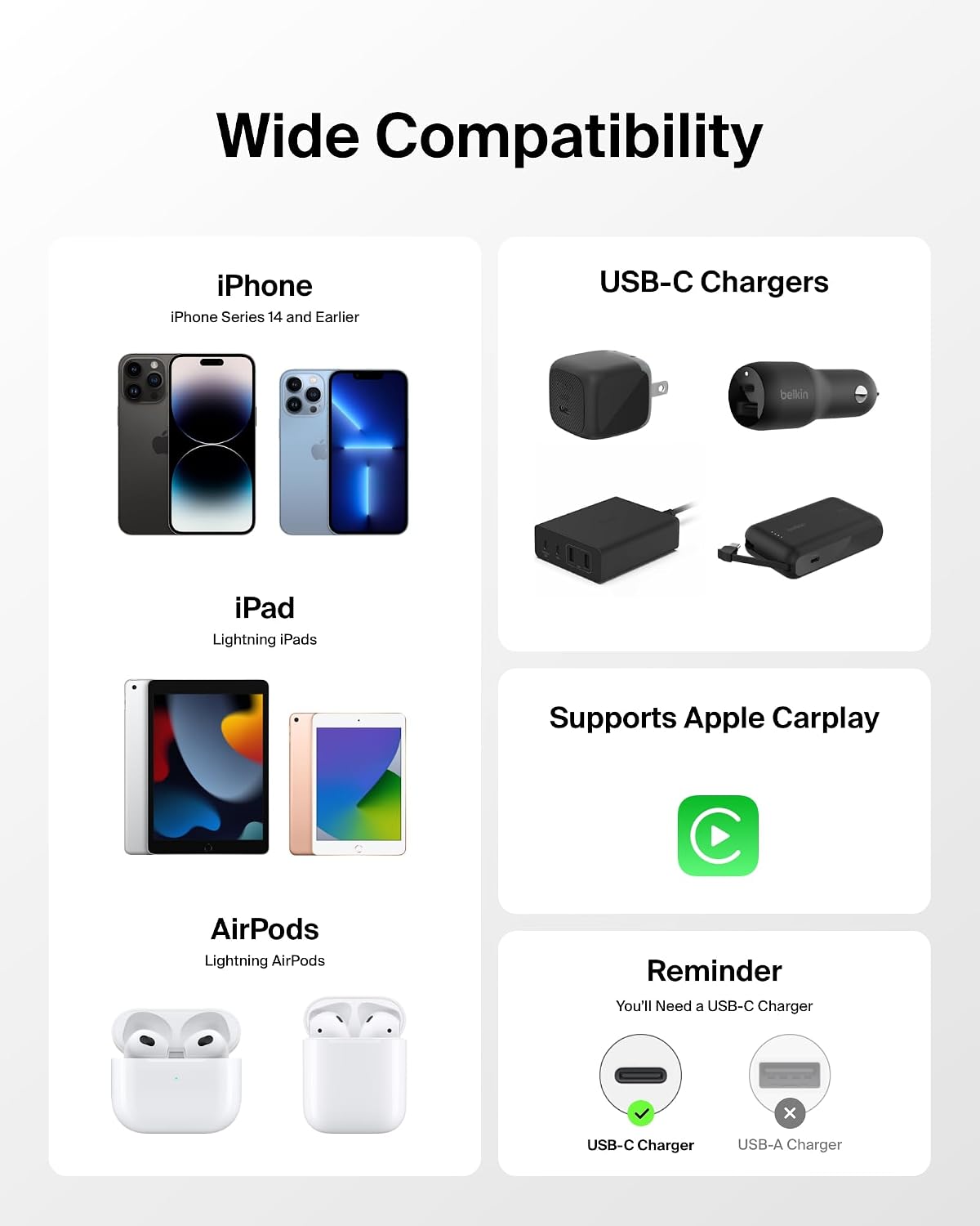 Belkin 2-Pack Braided USB-C Cable with Lightning Connector 5ft - Soft, Flexible Fast-Charging Cable, Lightning Charger Cord for iPhone 14 & Earlier Series, iPad 9th Gen, & AirPods - White