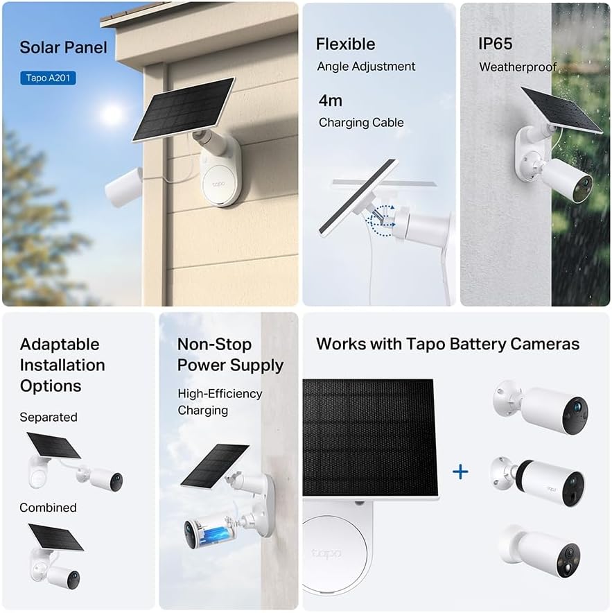 Tapo TP-Link Solar Panel, Adaptable Installation Options, Non-Stop Power Supply, Flexible Angle Adjustment, 4m Charging Cable, IP65, Compatible with C425/ C420/ C410/ C400 (A201)