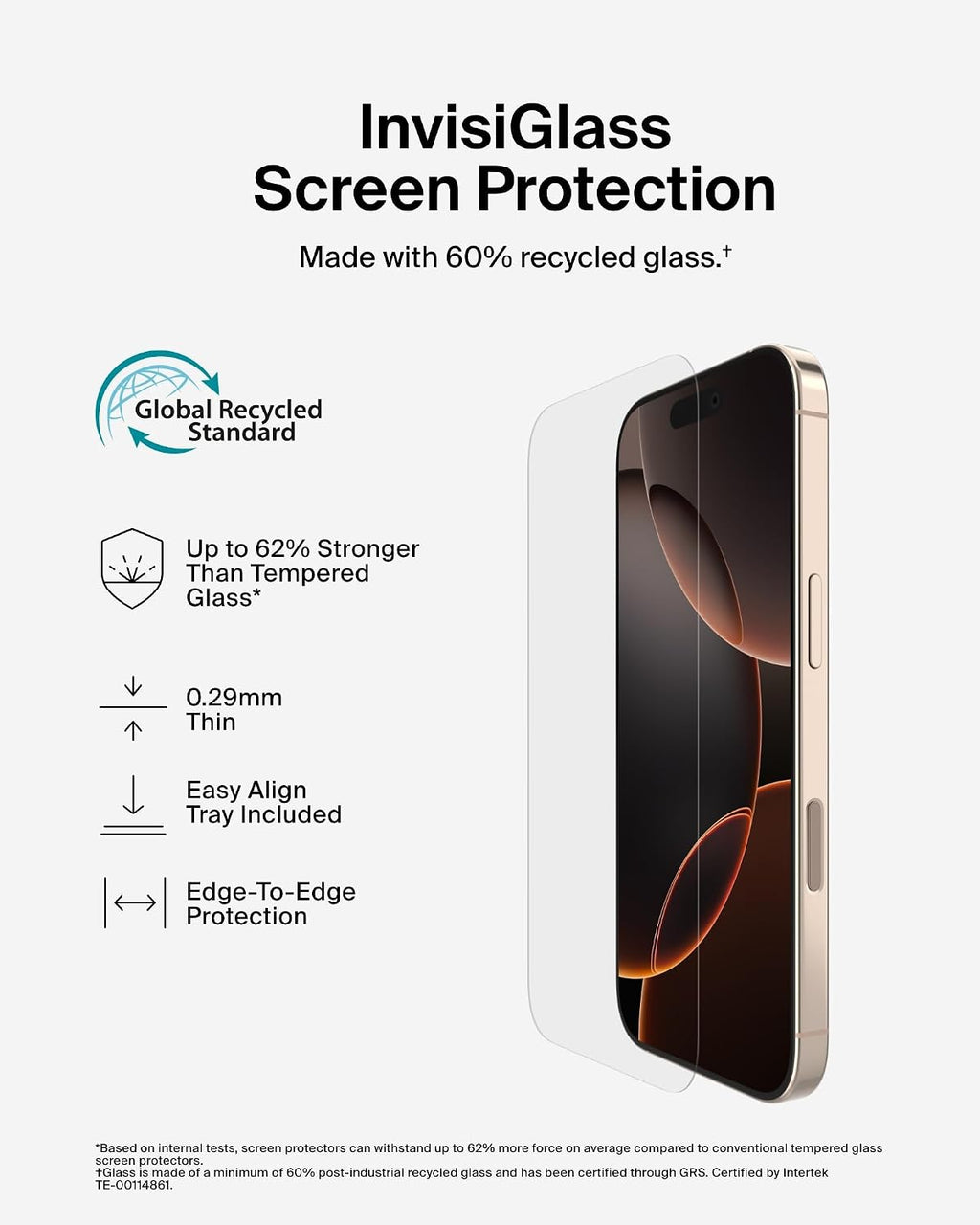 Belkin ScreenForce InvisiGlass iPhone 16 Pro Screen Protector, scratch-resistant impact protection, easy align tray for bubble free application included, made with recycled glass for iPhone 16 Pro