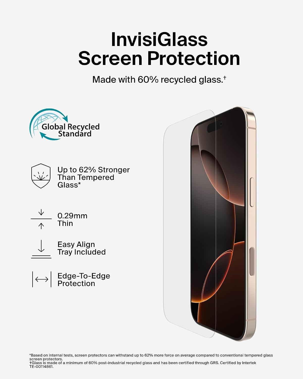 Belkin ScreenForce InvisiGlass iPhone 16 Pro Screen Protector, scratch-resistant impact protection, easy align tray for bubble free application included, made with recycled glass for iPhone 16 Pro