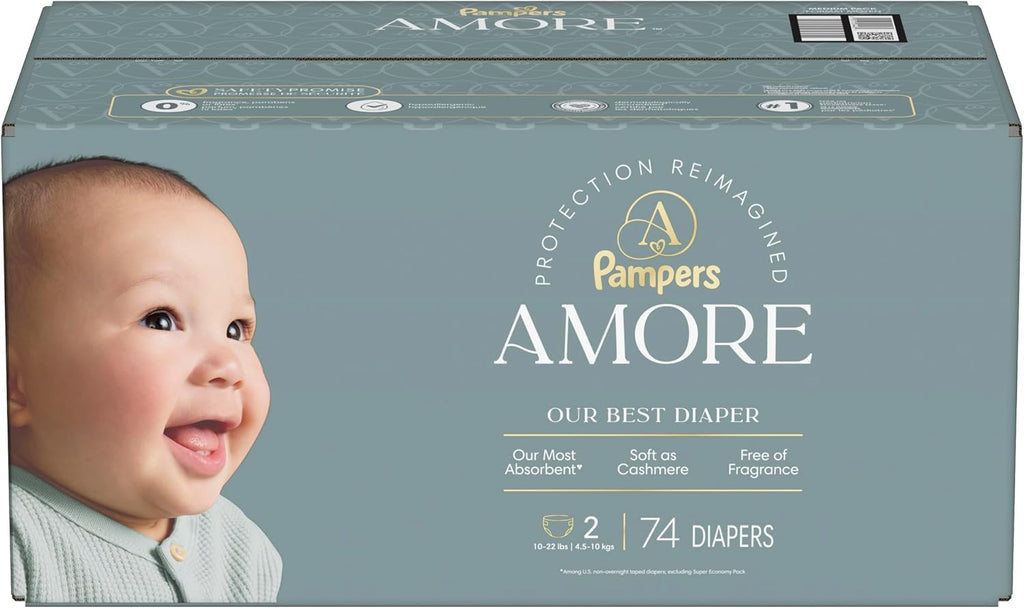 Pampers Amore, Size 2 (10-22 lbs), 74 Count, Our Best Diaper – Hypoallergenic & Fragrance Free, Up to 100% Leakproof, Soft as Cashmere