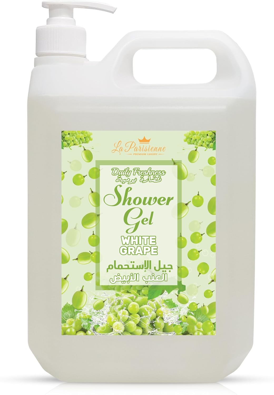 ECOLYTE+ Shower Gel, La Parisienne Premium Luxury, For Women & Men Vitamin E, Moisturizing, Soft & Silky Skin, Germ Protection, 12h Complete Odour Protection, (White Grape, 5 Liter) — front product image