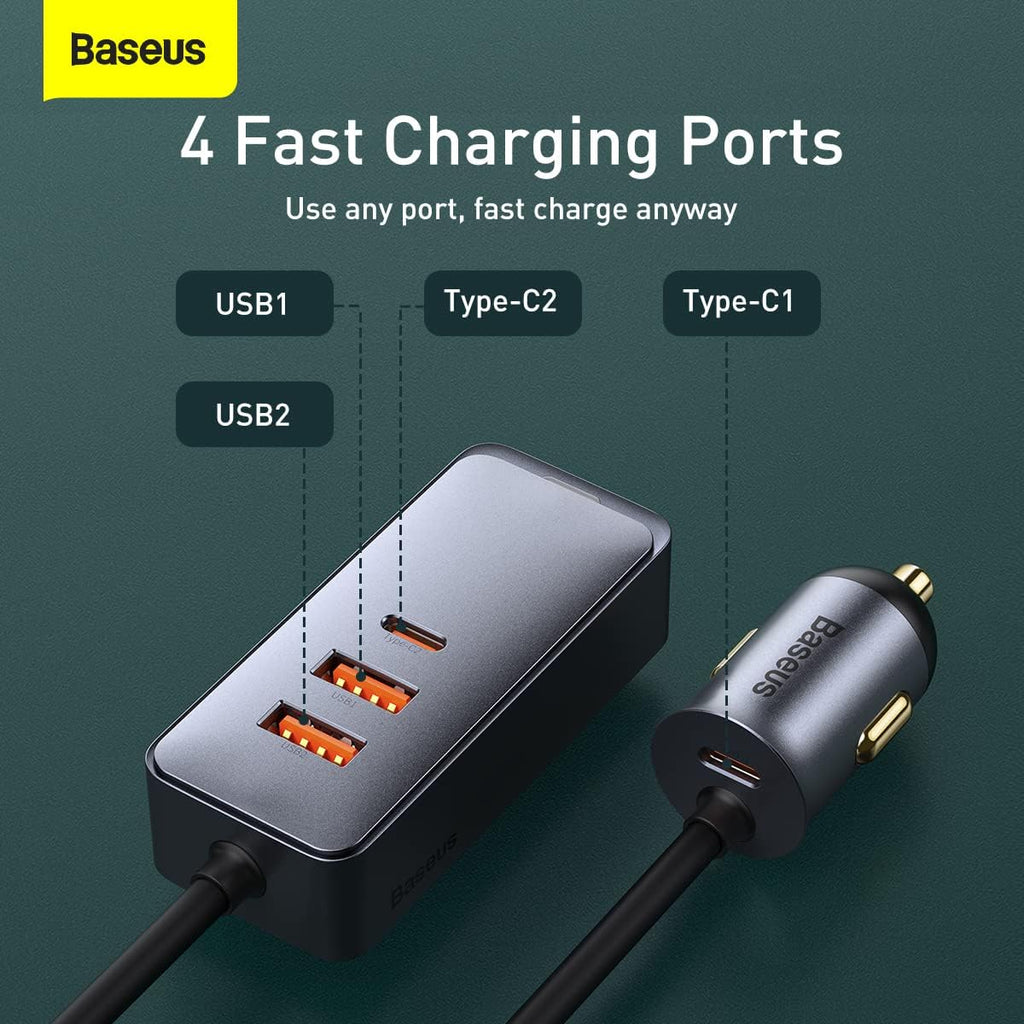 Baseus 120W 4-Port Car Charger Adapter with 5FT Cable, Fast Charging for Multiple Devices — Grey