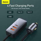 Baseus 120W 4-Port Car Charger Adapter with 5FT Cable, Fast Charging for Multiple Devices — Grey