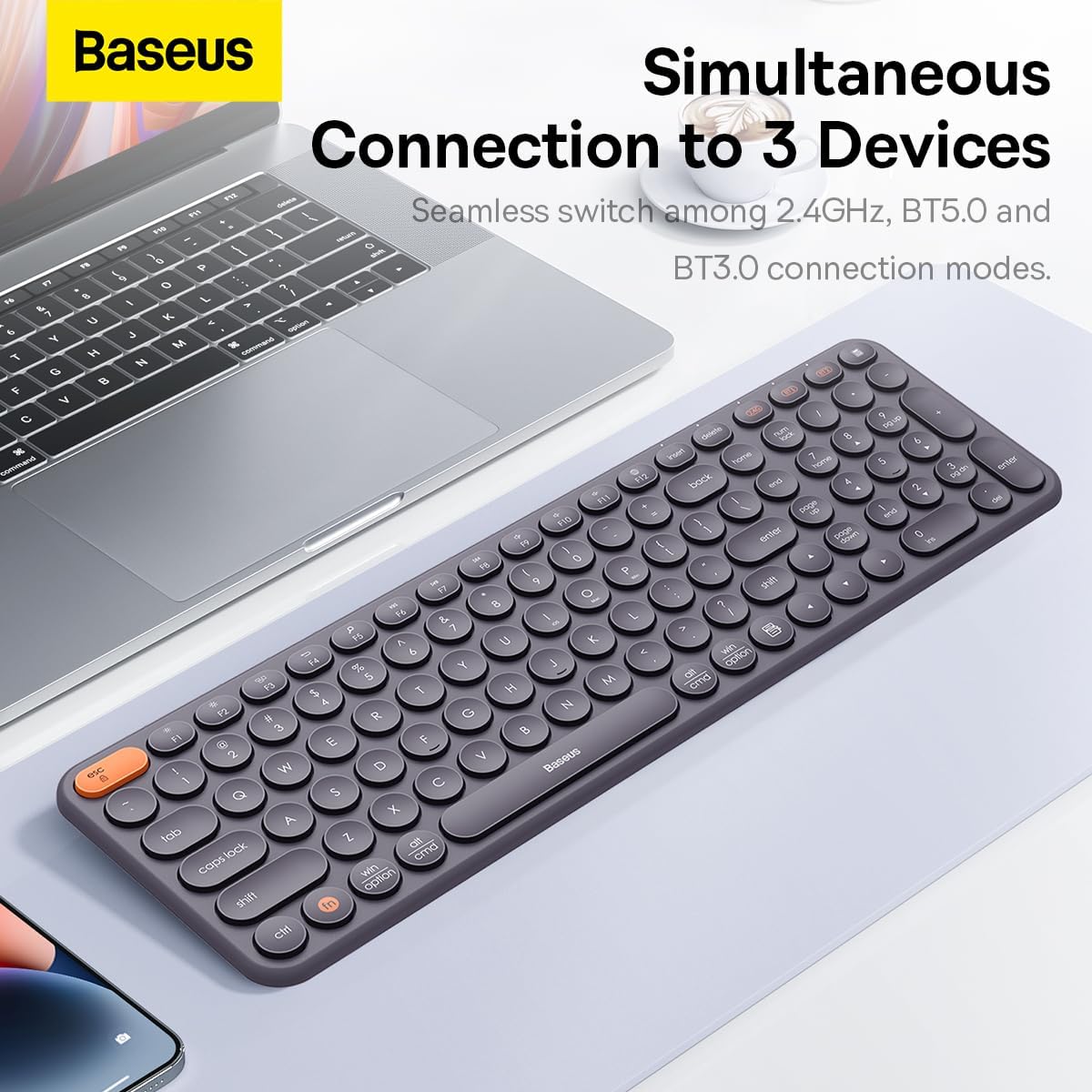 Baseus Wireless Keyboard for Desktops, K01B Tri-Mode Wireless Multi-Device Keyboard, Ultra-Slim Keyboard for Computer, Desktop, PC, Laptop and Windows