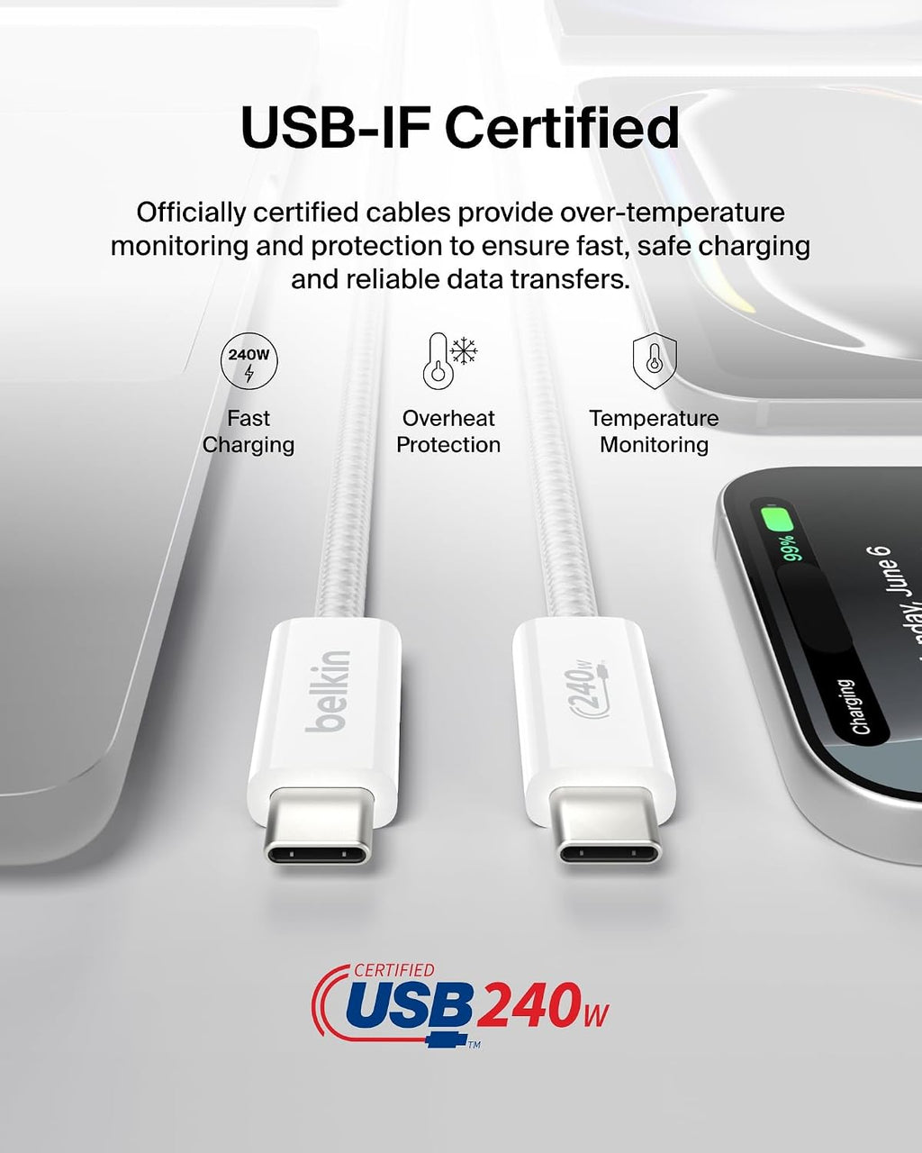 Belkin 2-Pack Braided USB-C to USB-C Cable 5ft 240W - Soft, Flexible Fast-Charging Cable, Type C Charger Cord for iPhone 17 & 16 Series, Galaxy S25, Pixel 10, iPad Pro, & More - White