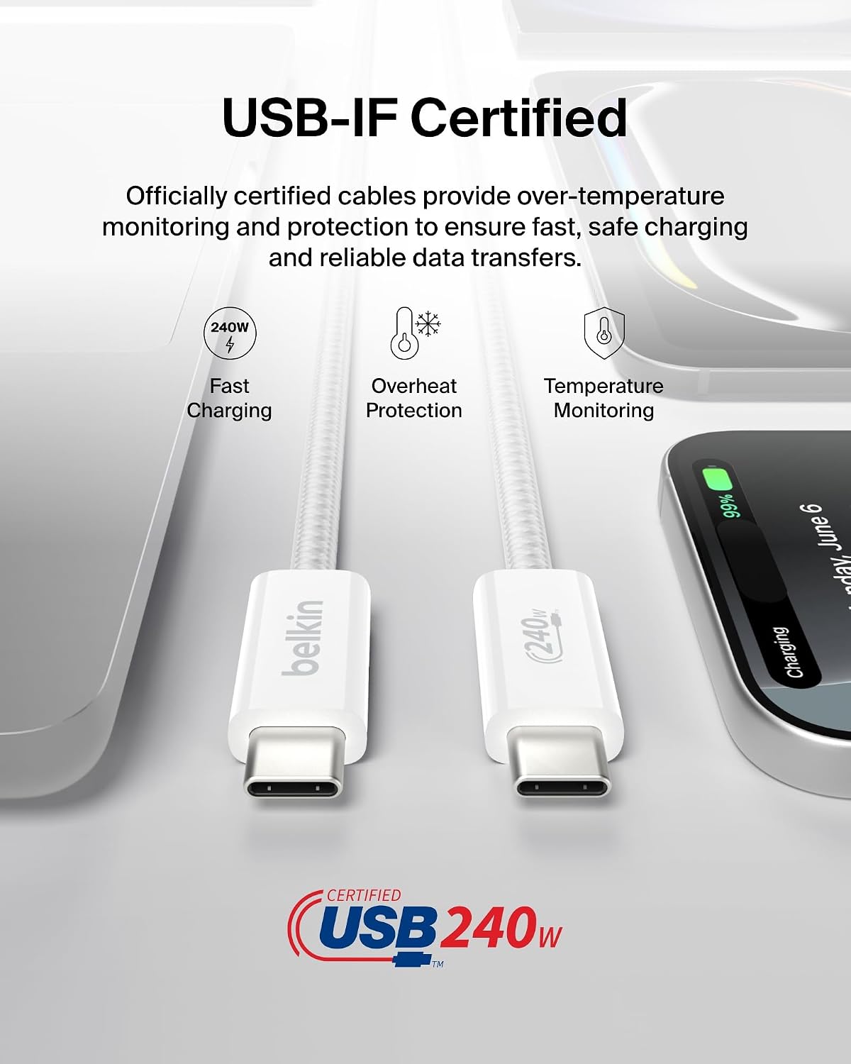 Belkin 2-Pack Braided USB-C to USB-C Cable 5ft 240W - Soft, Flexible Fast-Charging Cable, Type C Charger Cord for iPhone 17 & 16 Series, Galaxy S25, Pixel 10, iPad Pro, & More - White