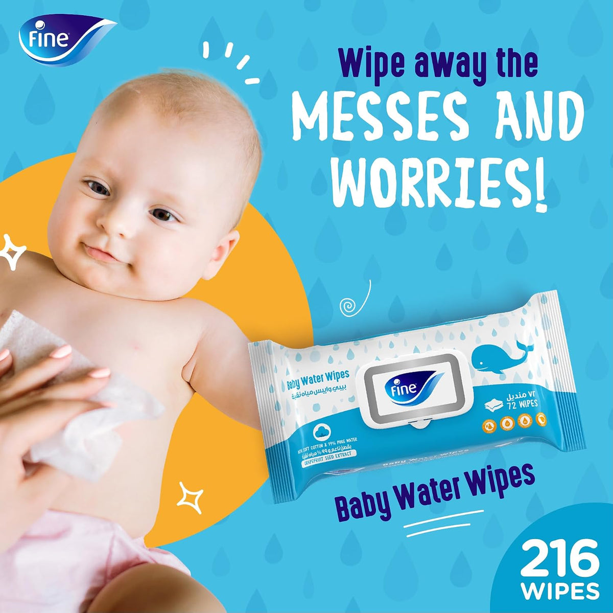 Fine Baby Water Wipes, 99% Pure Water, Free from Alcohol, Fragrance & Paraben, Pack of 6 x 72 Wipes (216 Wipes) — additional view 2
