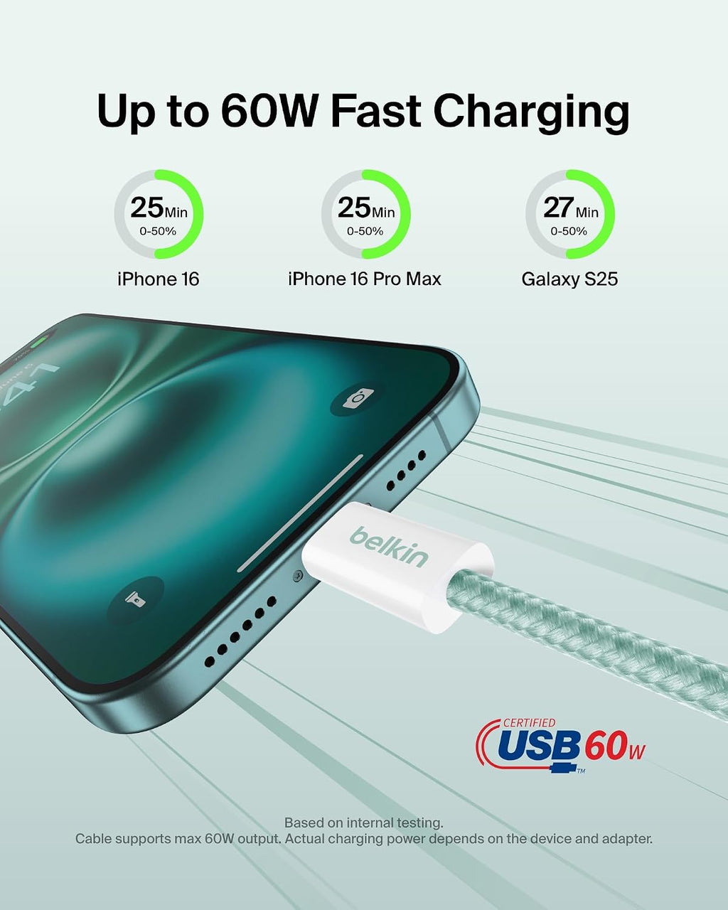 Belkin 2-Pack Braided USB-C to USB-C Cable 5ft, 60W - Soft, Flexible Fast-Charging Cable, Type C Charger Cord for iPhone 17 & 16 Series, Galaxy S25, Pixel 10, iPad Pro, & More - Green