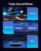 Baseus Wireless Single Soundbar Speaker With Bluetooth 5.3, App Controlled Mini Soundbar, Triple Audio Modes, 7-Colors RGB, Cable Audio with Microphone for TV, PC — Battery — Blue