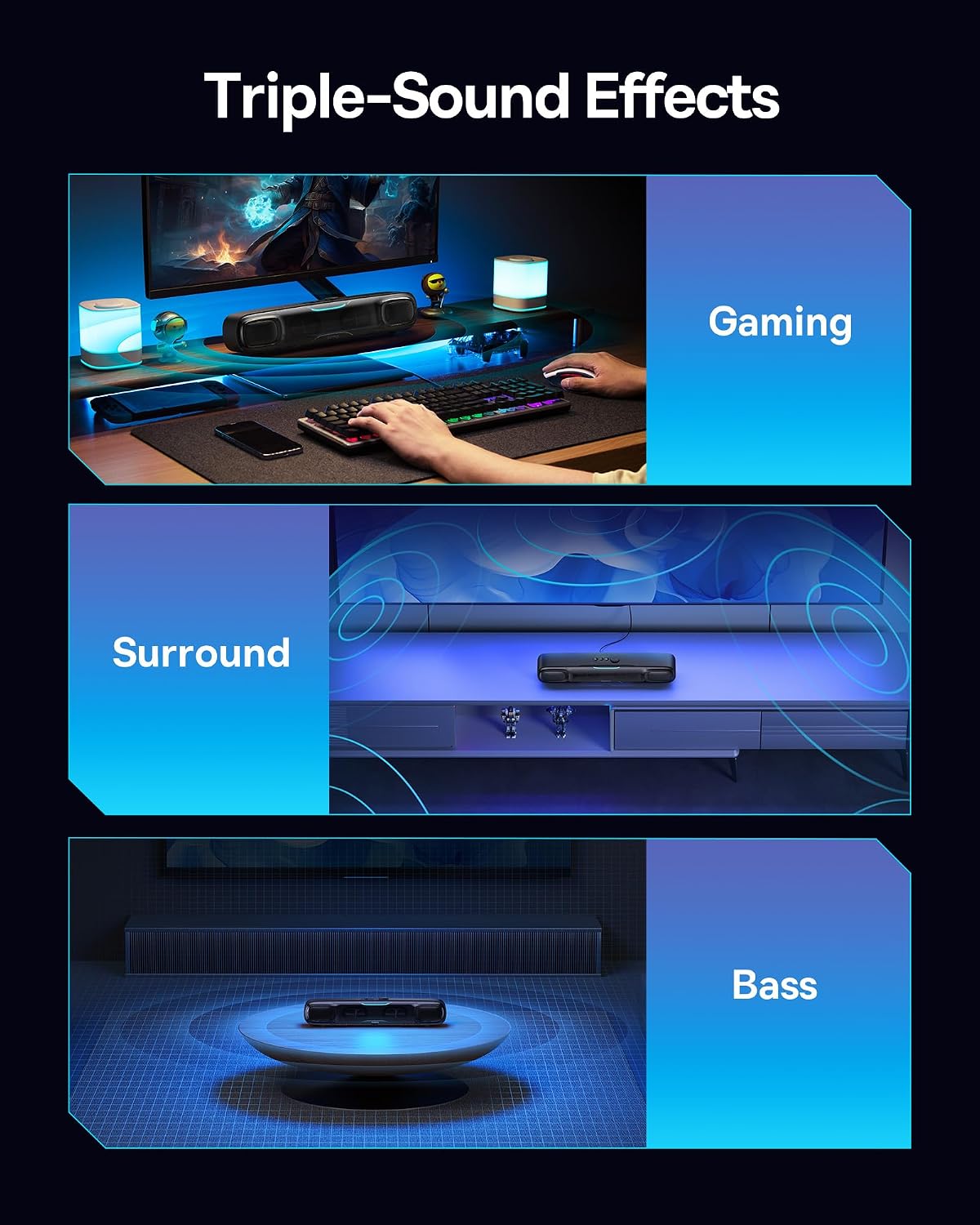 Baseus Wireless Single Soundbar Speaker With Bluetooth 5.3, App Controlled Mini Soundbar, Triple Audio Modes, 7-Colors RGB, Cable Audio with Microphone for TV, PC — Battery — Blue