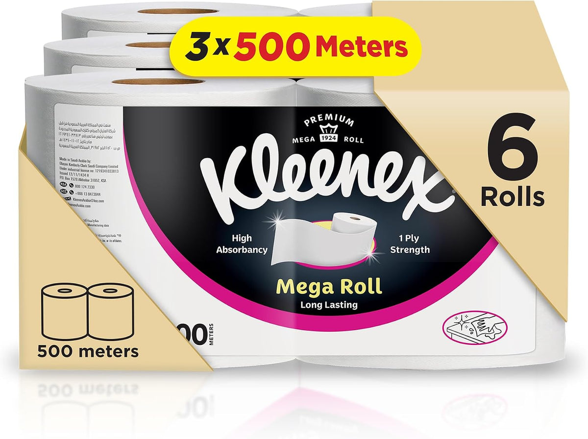 Kleenex Kitchen Paper Towel, Mega Roll Tissue, 6 Rolls x 250 Meters, High Absorbency for Multi Purpose — front product image