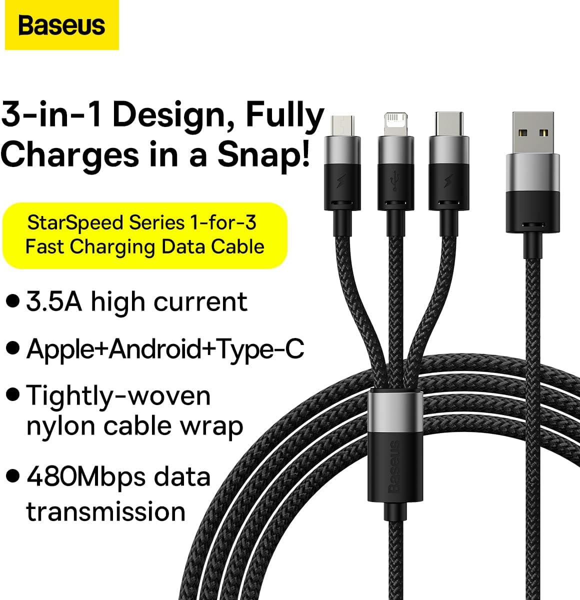Baseus StarSpeed USB-A to Lightning / Micro-USB / USB-C Cable 3.5A — 1.2m — Black