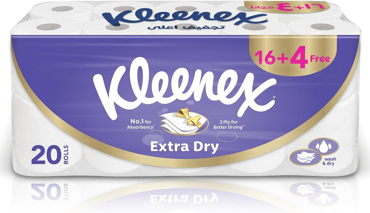 Kleenex Extra Dry Toilet Tissue Paper, 3 PLY, 20 Rolls x 140 Sheets, Embossed Bathroom Tissue with Superior Absorbency — front product image