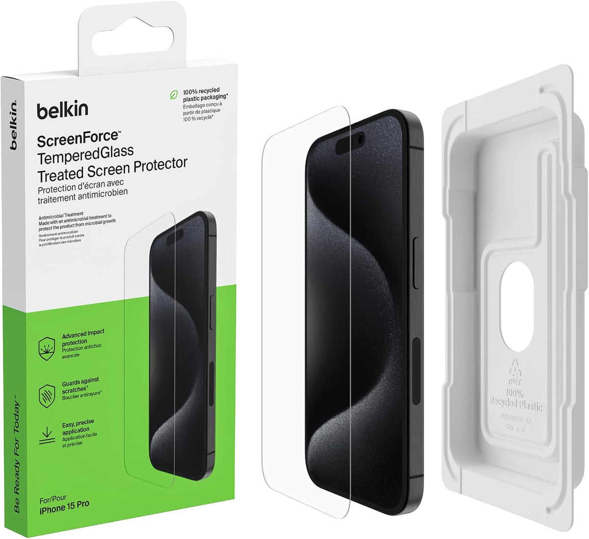 Belkin ScreenForce TemperedGlass Treated Screen Protector for iPhone 15 Pro, Slim, Crystal Clear, Scratch-Resistant Tempered Glass Film, Includes Easy Align Tray for Bubble Free Application