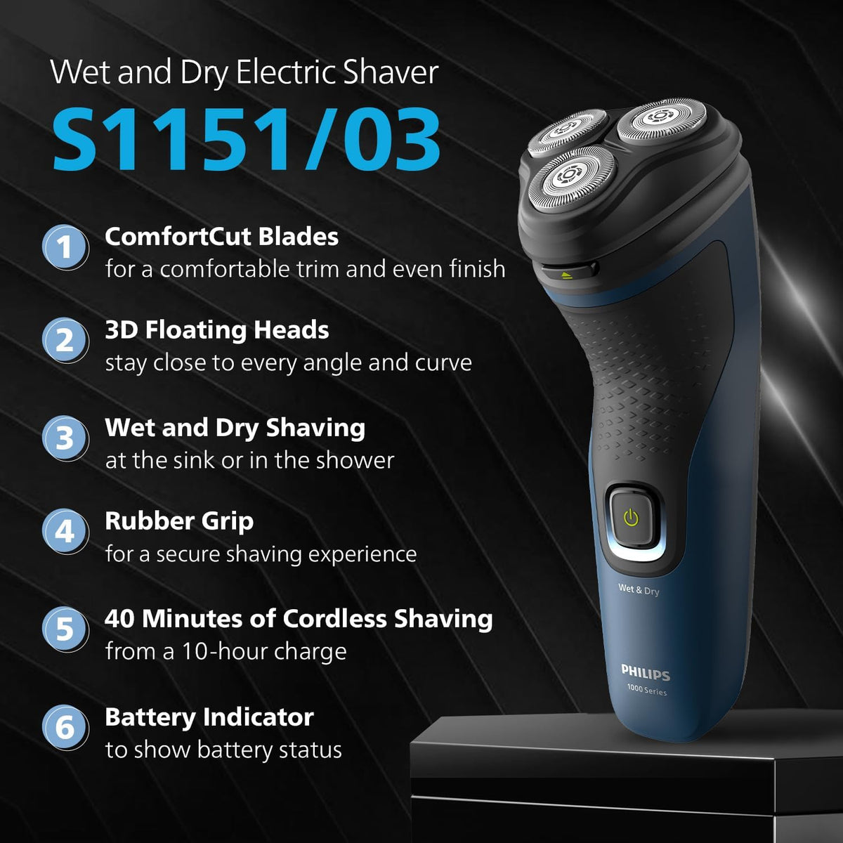 Philips Men's Electric Shaver, Wet and Dry Shaving, 3D Floating Heads, 27 Self-Sharpening Blades, Cordless, Waterproof S1151/03 (New Model) — Blue Malibu