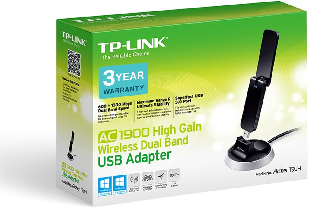 TP-Link AC1900 High Gain Wireless Dual Band USB Adapter for PC, Desktop, Laptop and Tablet (Supports Windows XP/7/8/8.1/10/11, OS X (10.9–10.13), Beamforming Technology, WPS Button) (Archer T9UH)
