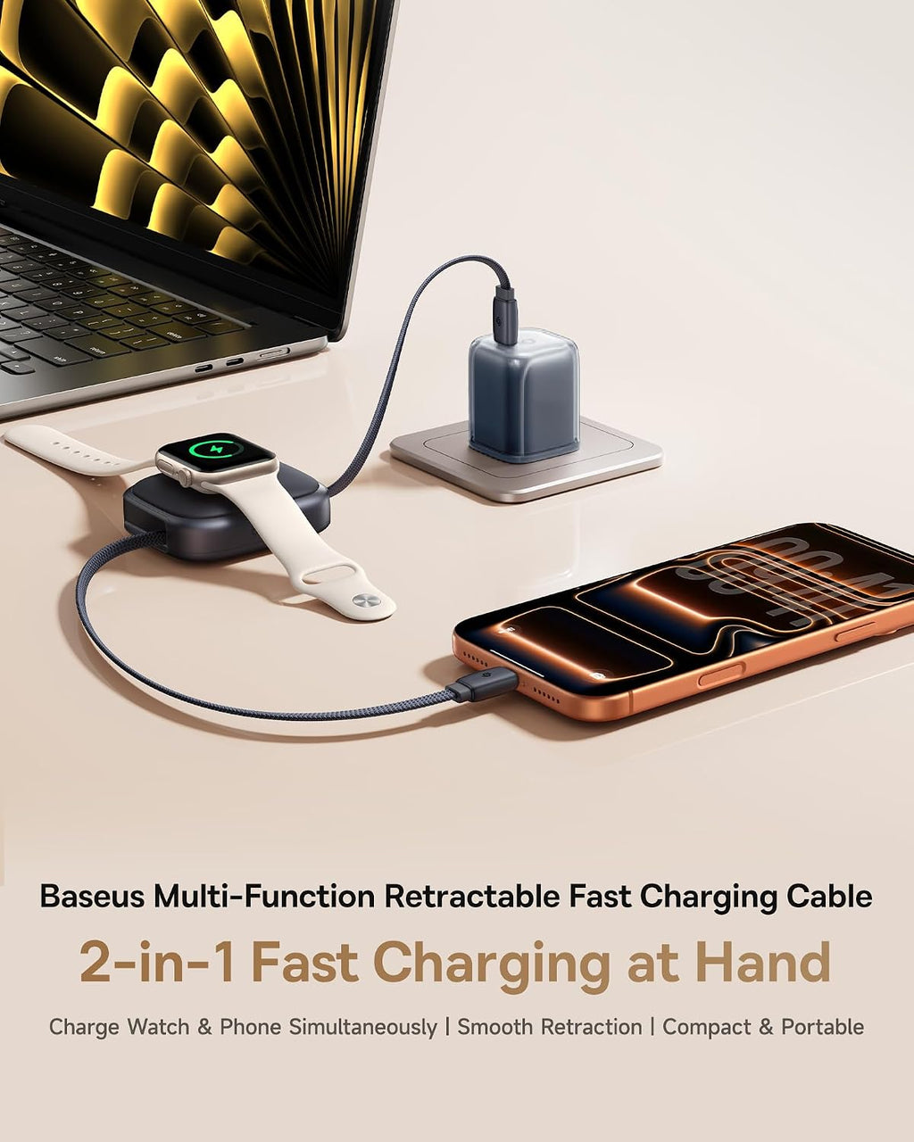 Baseus Retractable USB-C Cable 100W with Apple Watch Wireless Charger — 3ft