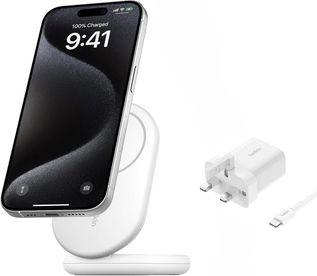 Belkin Fast Charge MagSafe Charger, Magnetic Foldable Wireless Charging Stand 15W, MagSafe-Compatible Portable Fast Charger for Qi2, iPhone 16, 15 & 14 Series, Standy Mode Ready, PSU Included - White