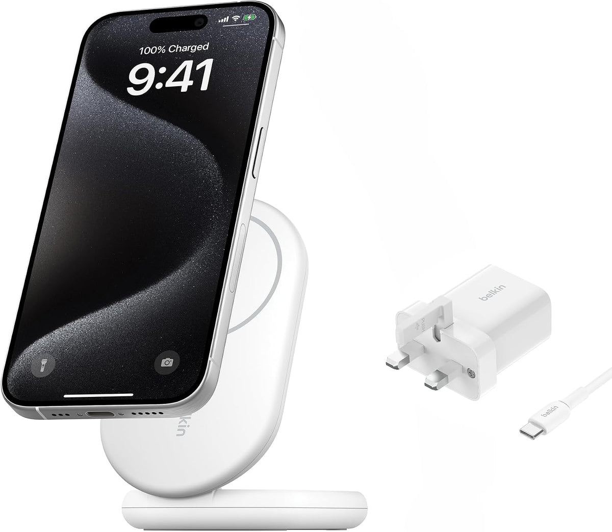 Belkin Fast Charge MagSafe Charger, Magnetic Foldable Wireless Charging Stand 15W, MagSafe-Compatible Portable Fast Charger for Qi2, iPhone 16, 15 & 14 Series, Standy Mode Ready, PSU Included - White