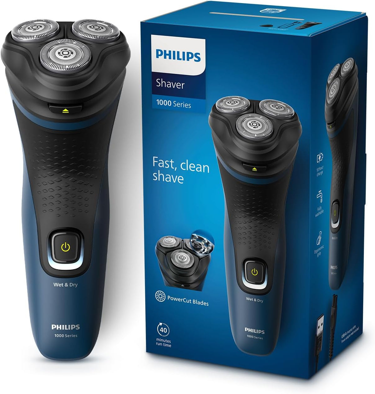 Philips Men's Electric Shaver, Wet and Dry Shaving, 3D Floating Heads, 27 Self-Sharpening Blades, Cordless, Waterproof S1151/03 (New Model) — Blue Malibu