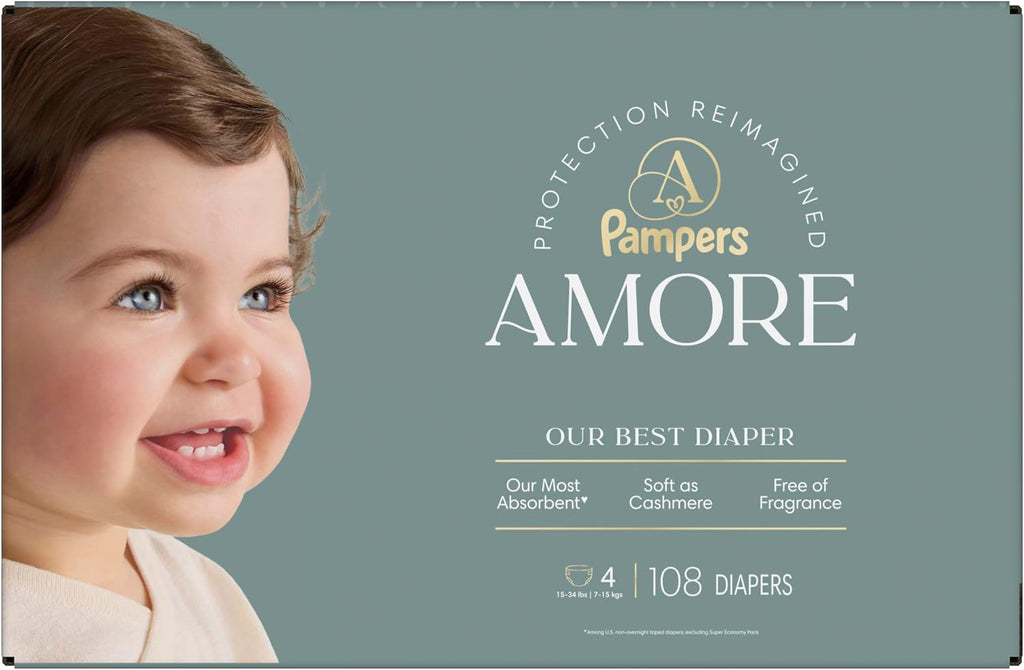 Pampers Amore, Size 4 (15-34 lbs), 108 Count, Our Best Diaper – Hypoallergenic & Fragrance Free, Up to 100% Leakproof, Soft as Cashmere